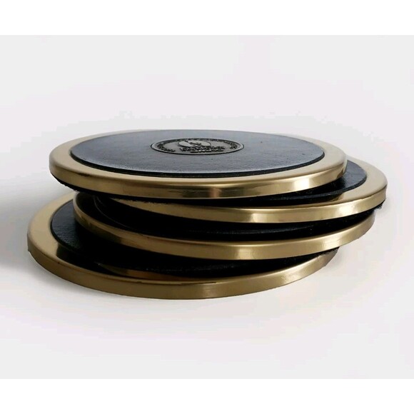 1996 Buick Brass/Leather Drink Coasters Barware Set Vtg Automobile Car Bar Decor - Picture 7 of 11